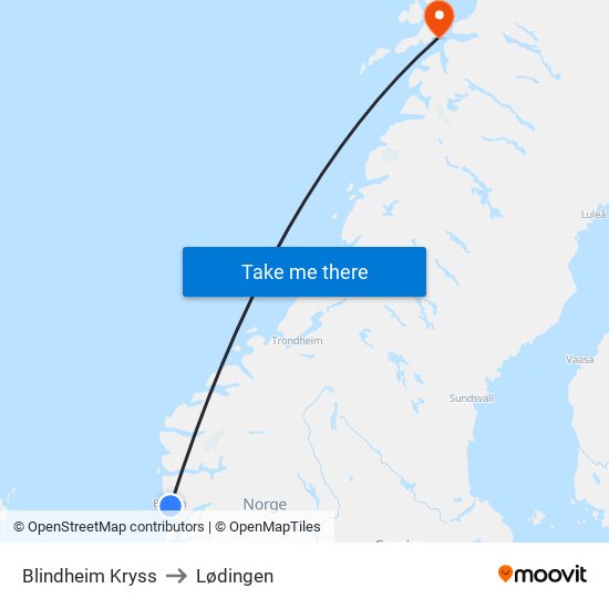 Blindheim Kryss to Lødingen map