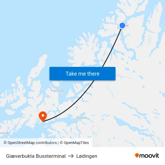 Giæverbukta Bussterminal to Lødingen map
