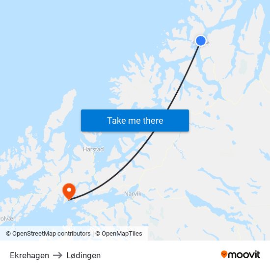 Ekrehagen to Lødingen map