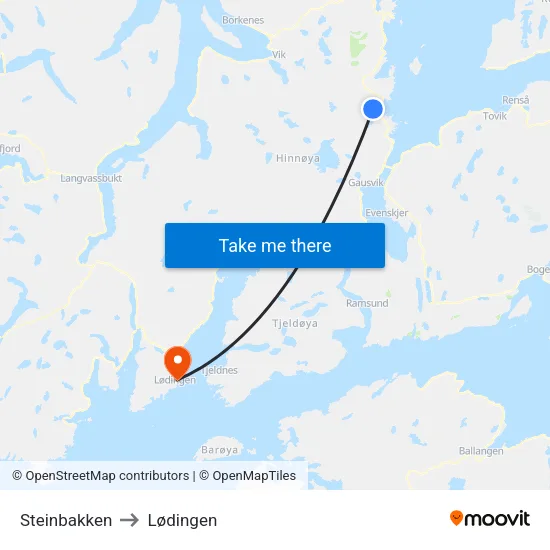 Steinbakken to Lødingen map
