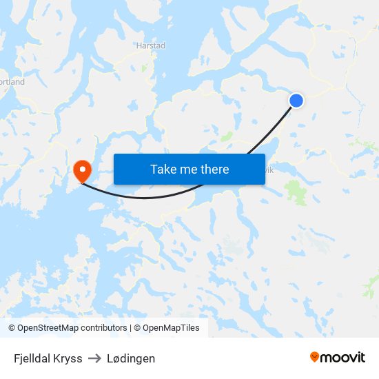 Fjelldal Kryss to Lødingen map