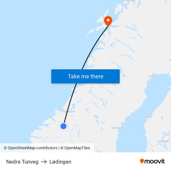 Nedre Tunveg to Lødingen map