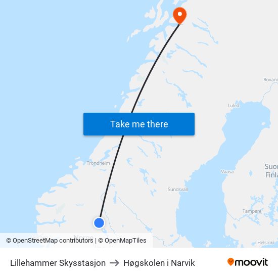 Lillehammer Skysstasjon to Høgskolen i Narvik map