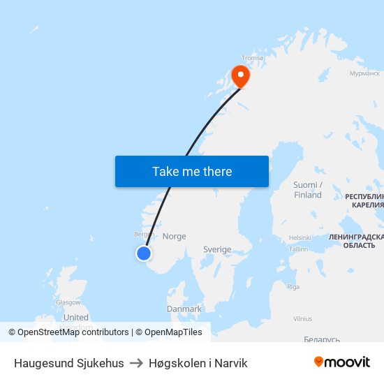 Haugesund Sjukehus to Høgskolen i Narvik map