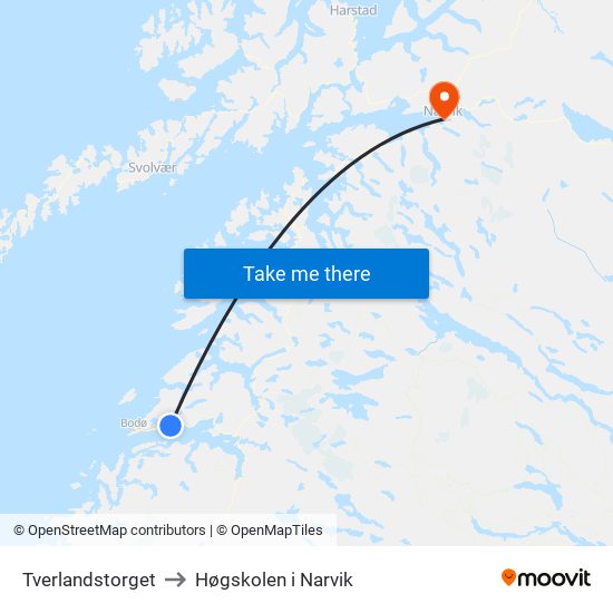 Tverlandstorget to Høgskolen i Narvik map