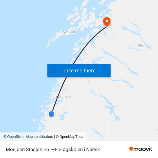 Mosjøen Stasjon E6 to Høgskolen i Narvik map