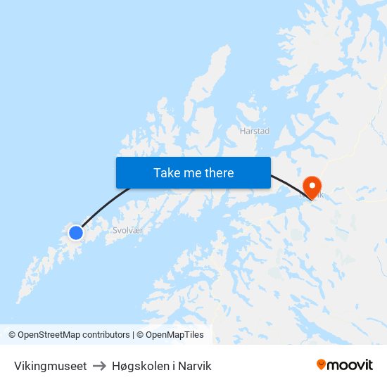 Vikingmuseet to Høgskolen i Narvik map