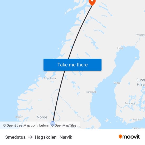 Smedstua to Høgskolen i Narvik map