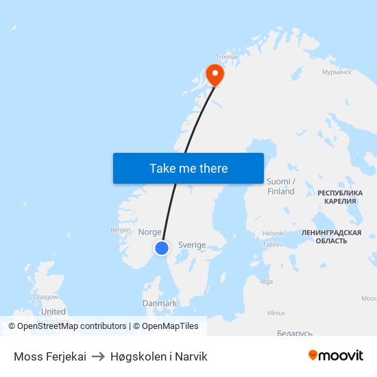 Moss Ferjekai to Høgskolen i Narvik map