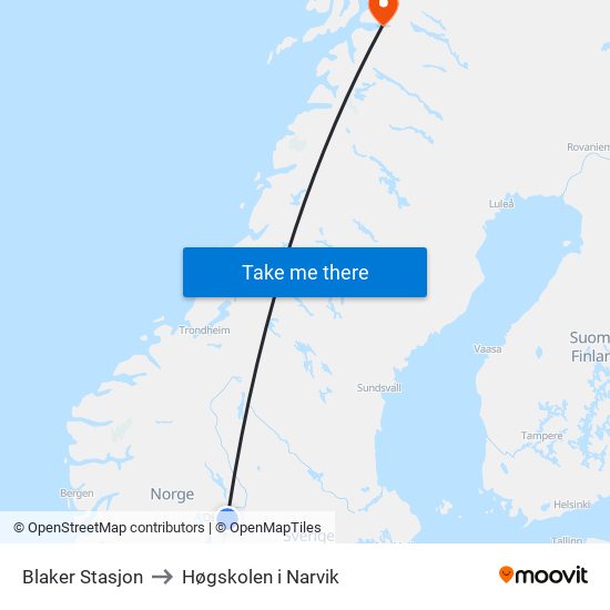 Blaker Stasjon to Høgskolen i Narvik map