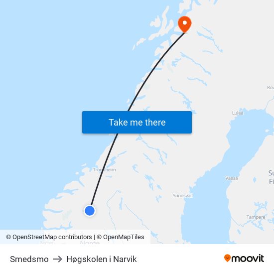 Smedsmo to Høgskolen i Narvik map