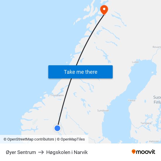 Øyer Sentrum to Høgskolen i Narvik map
