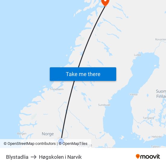 Blystadlia to Høgskolen i Narvik map