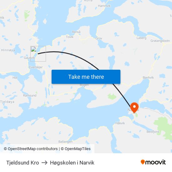 Tjeldsund Kro to Høgskolen i Narvik map