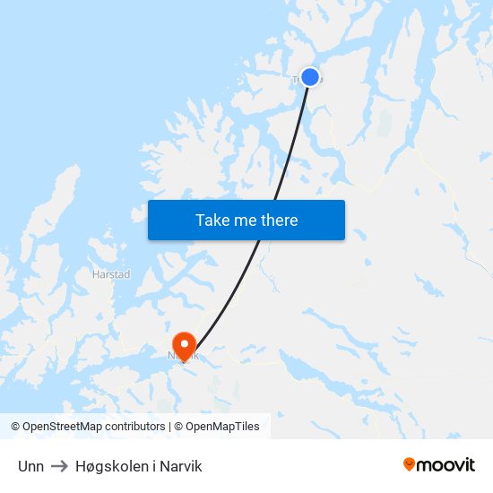 Unn to Høgskolen i Narvik map