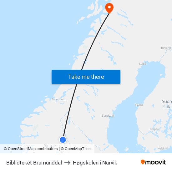 Biblioteket Brumunddal to Høgskolen i Narvik map
