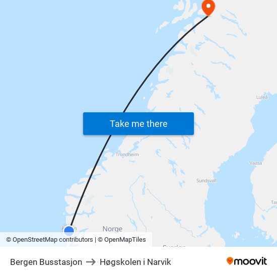 Bergen Busstasjon to Høgskolen i Narvik map
