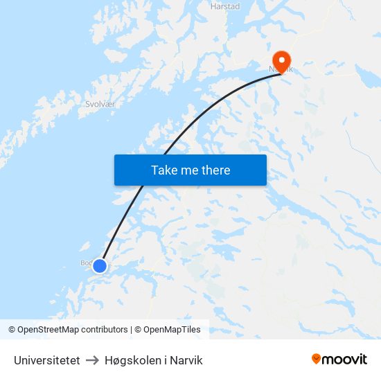 Universitetet to Høgskolen i Narvik map