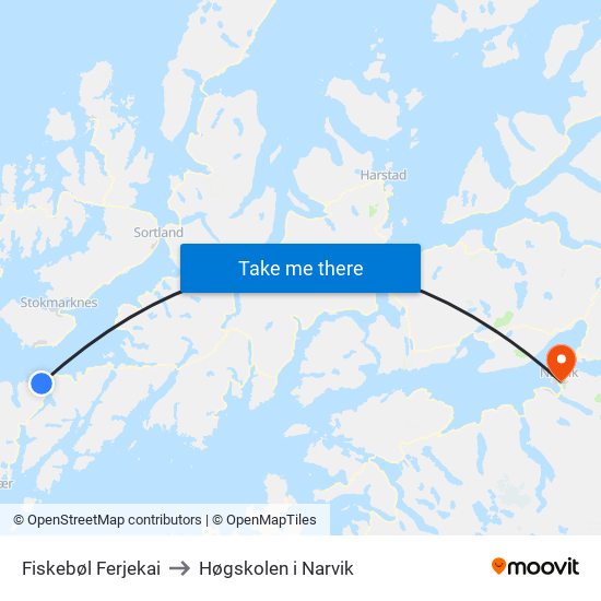 Fiskebøl Ferjekai to Høgskolen i Narvik map