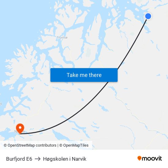 Burfjord E6 to Høgskolen i Narvik map