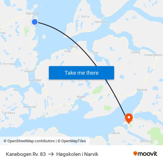 Kanebogen Rv. 83 to Høgskolen i Narvik map