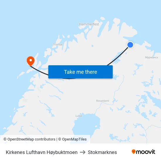 Kirkenes Lufthavn Høybuktmoen to Stokmarknes map