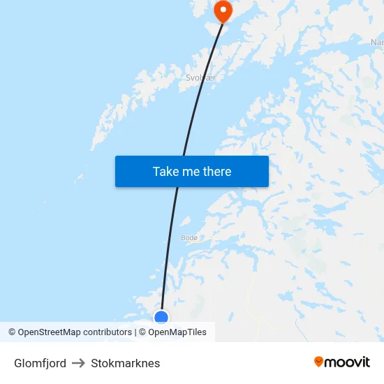 Glomfjord to Stokmarknes map