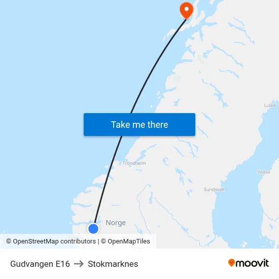 Gudvangen E16 to Stokmarknes map