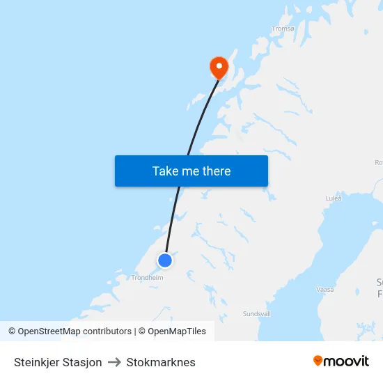 Steinkjer Stasjon to Stokmarknes map