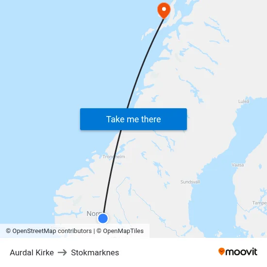 Aurdal Kirke to Stokmarknes map