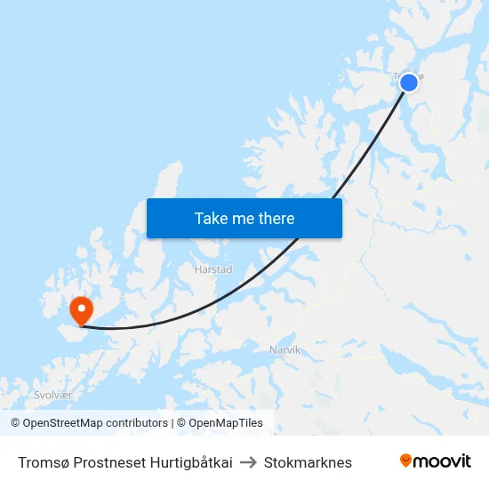 Tromsø Prostneset Hurtigbåtkai to Stokmarknes map