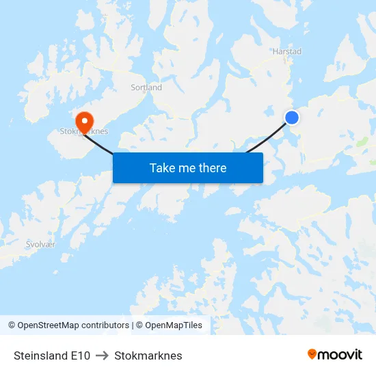 Steinsland E10 to Stokmarknes map