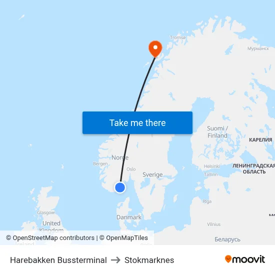 Harebakken Bussterminal to Stokmarknes map