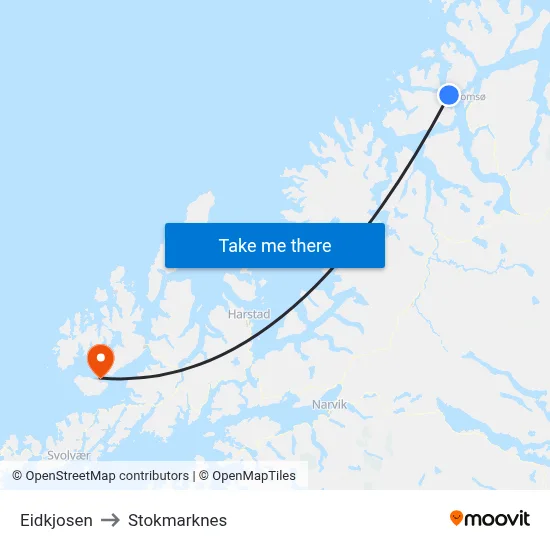 Eidkjosen to Stokmarknes map