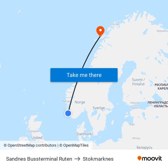 Sandnes Bussterminal Ruten to Stokmarknes map