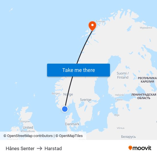 Hånes Senter to Harstad map