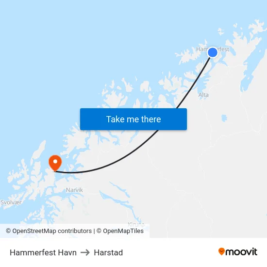 Hammerfest Havn to Harstad map