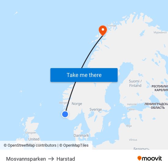 Mosvannsparken to Harstad map
