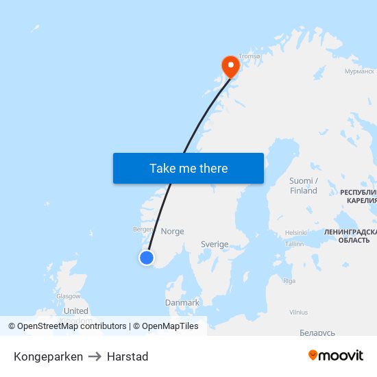 Kongeparken to Harstad map