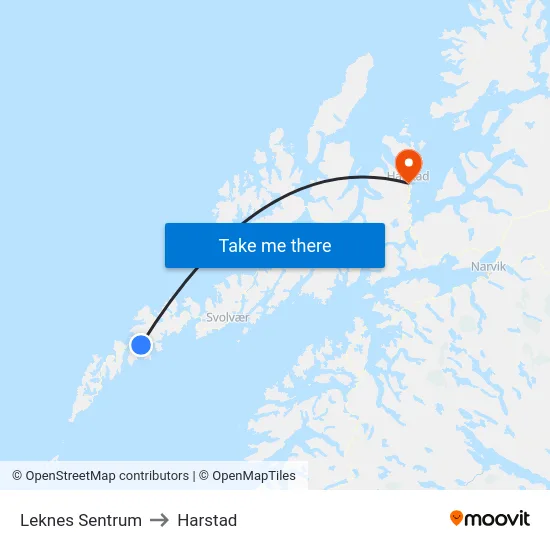 Leknes Sentrum to Harstad map