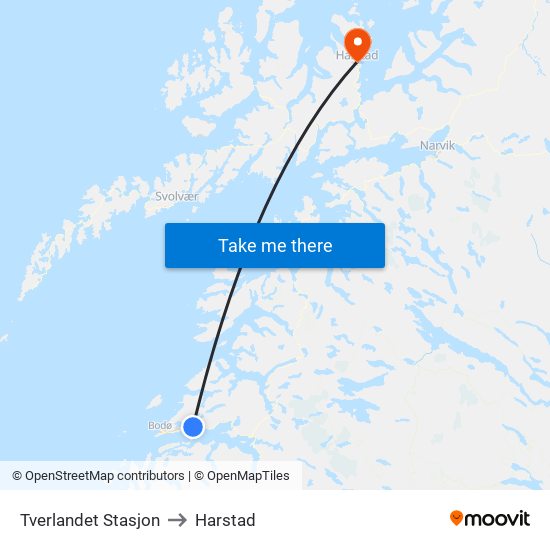 Tverlandet Stasjon to Harstad map