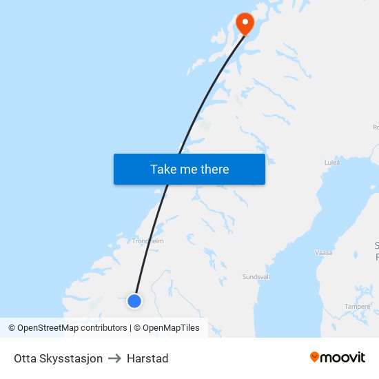 Otta Skysstasjon to Harstad map