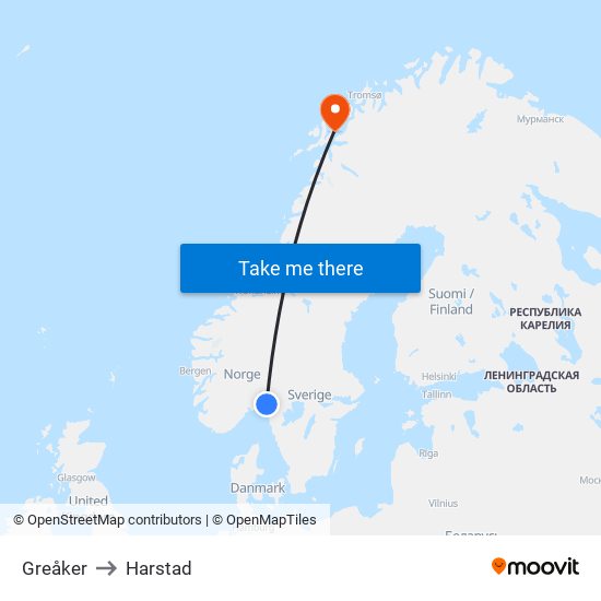Greåker to Harstad map