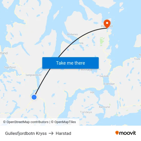 Gullesfjordbotn Kryss to Harstad map
