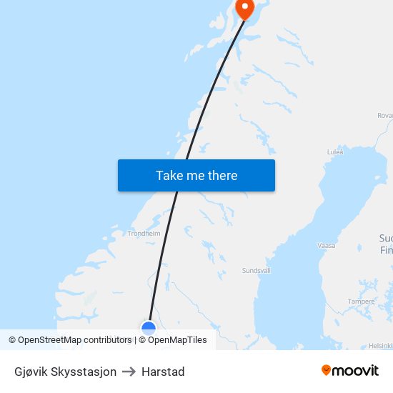 Gjøvik Skysstasjon to Harstad map