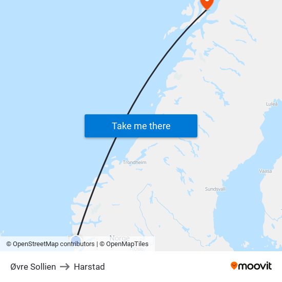 Øvre Sollien to Harstad map