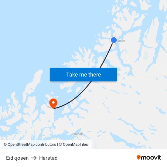 Eidkjosen to Harstad map