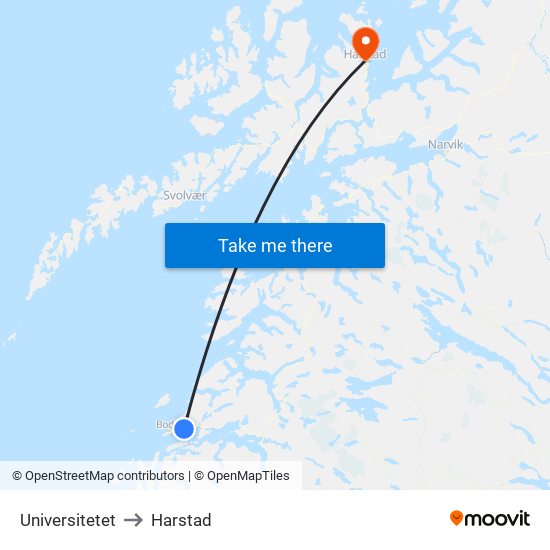 Universitetet to Harstad map