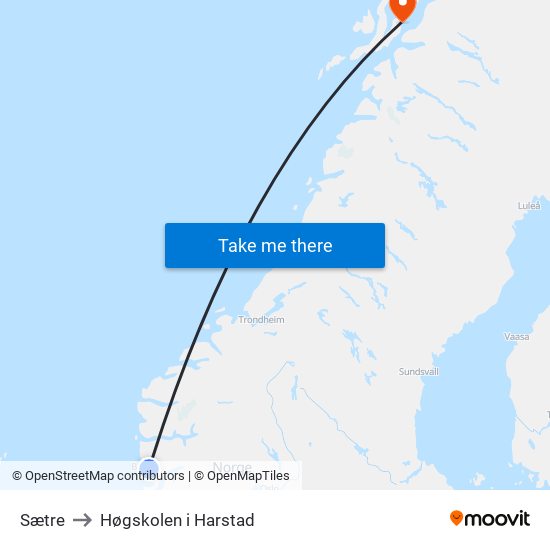 Sætre to Høgskolen i Harstad map