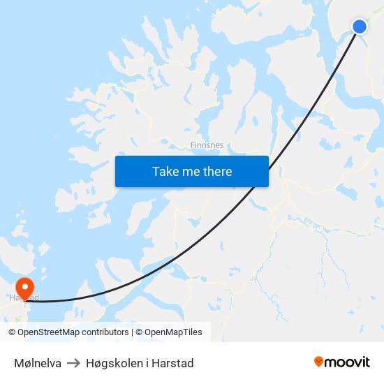 Mølnelva to Høgskolen i Harstad map